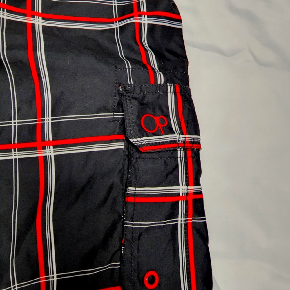 Men's OP Swim Trunks Black & Red Plaid 3XL